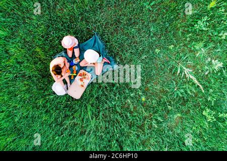 Madre e due figlie hanno un picnic con pizza su un'erba verde, colpo aereo Foto Stock