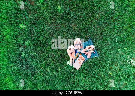 Madre e due figlie hanno un picnic con pizza su un'erba verde, vista aerea dall'alto Foto Stock