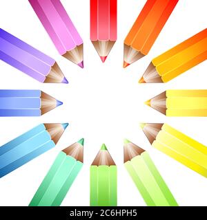Un cerchio di matite colorate che formano una ruota colorata su uno sfondo bianco. Formato vettoriale EPS10 Illustrazione Vettoriale