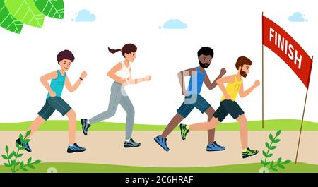 La gente felice corre una maratona e raggiunge il traguardo. L'uomo corre avanti. Stile di vita sano. Poster vettoriale in stile moderno e piatto su sfondo bianco. Illustrazione Vettoriale