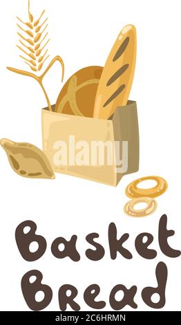 Un sacco di prodotti di grano in un cestino di carta. Raccolta di crPart di pane e pasticceria. Casa del pane. Set con prodotti da forno su sfondo bianco. Baguette Illustrazione Vettoriale