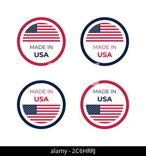 Logo made in USA con design vettoriale con elemento a bandiera nazionale degli Stati Uniti d'America, ideale per etichette e stam di prodotti aziendali Illustrazione Vettoriale