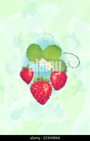 Una pianta di fragola con fiori e frutta, disegno di effetto acquerello. Formato vettoriale EPS10 Illustrazione Vettoriale