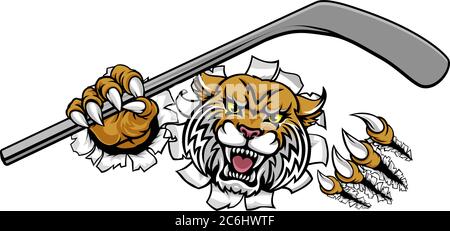 Wildcat Ice Hockey Player animale mascotte sportive Illustrazione Vettoriale