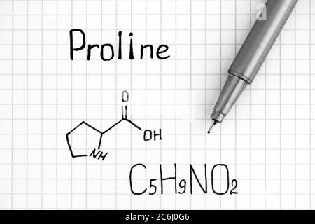 Formula chimica di Proline con penna. Primo piano. Foto Stock