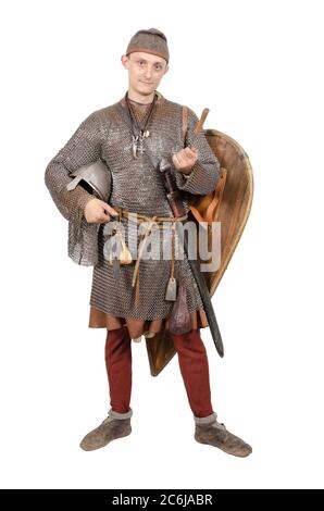 Cavaliere normanno vestito guerriero seconda metà del 11 ° secolo. Isolato su bianco Foto Stock