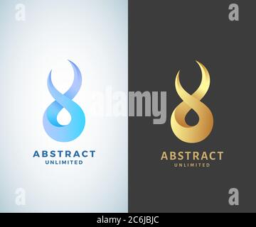 Simbolo Infinito vettoriale astratto, emblema o modello di logo. Golden su sfondo scuro e versioni isolate di Gradient moderno Illustrazione Vettoriale