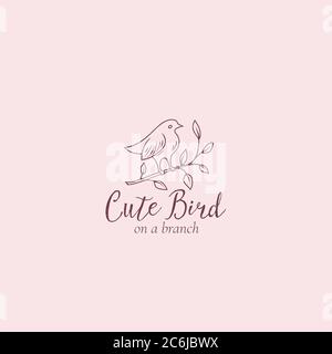 Cute Bird su un segno vettoriale astratto di filiale, simbolo o modello di logo. Silhouette di Birdy con tipografia moderna. Emblema femminile di alta qualità. Bene Illustrazione Vettoriale