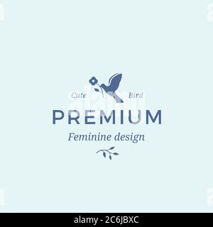 Simbolo vettoriale, simbolo o modello con logo femminile di qualità superiore. Uccello che tiene una silhouette di fiore con la tipografia moderna. Buono per salone di bellezza Illustrazione Vettoriale