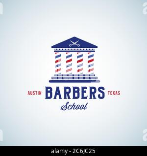 Barbers School Abstract Vector Sign, Emblem o Logo Template. Edificio didattico con colonne di poli e forbici sul tetto. Tipografia retrospettiva. Illustrazione Vettoriale