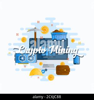 Illustrazione moderna di stile vettoriale piatto con abstract in miniera a criptovaluta. Bitcoin valuta digitale, Strumenti di estrazione, elettronica e icone di infografica Illustrazione Vettoriale
