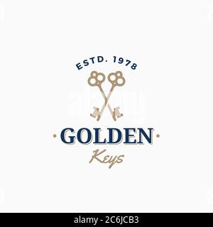 Tasti d'oro retro Abstract Vector Sign, Symbol or Logo Template (simbolo o modello logo). Chiavi incrociate Sillhouette con tipografia di classe. Emblema vettoriale vintage. Illustrazione Vettoriale