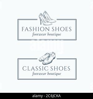 Scarpe classiche Calzature Boutique Abstract Vector Signs, simboli o set di modelli con logo. Scarpe classiche fatte a mano Illustrazione con retro Illustrazione Vettoriale