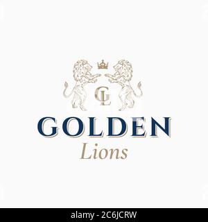Simbolo, simbolo o modello di logo Golden Lions Abstract Vector. Sillhouette leone disegnate a mano con classica tipografia retro. Cresta vettoriale eraldica vintage Illustrazione Vettoriale
