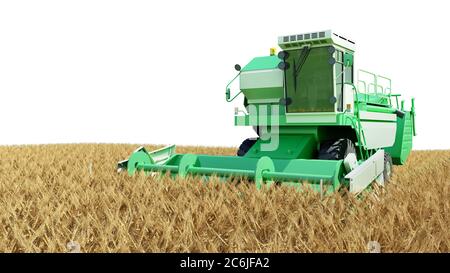 mietitrebbia moderna che lavora su un raccolto di grano 3g rende bianco Foto Stock