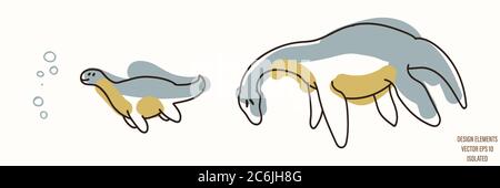 Plesiosaurus dinosauro sesso neutrale bambino illustrazione clipart. Semplice colore bizzaresco minimale a 2 tonalità. Camera bambini arredamento camera stampa o cartone animato Illustrazione Vettoriale