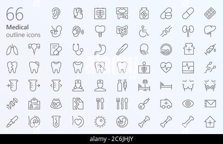 66 icone di contorno medico per il web, app mobile, presentazioni e altro Illustrazione Vettoriale