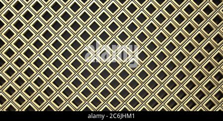 Sfondo geometrico a forma quadrata, struttura metallica. Parete del pannello color oro giallo, modello art deco, illustrazione 3d Foto Stock