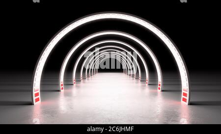 astratto sfondo minimo bianco incandescente linee cicliche tunnel luci al neon rendering 3d Foto Stock