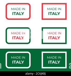 Disegno di etichette made in Italy illustrazione vettoriale con testo rosso e verde basato sulla bandiera italiana nazionale per etichetta di prodotto e banner Illustrazione Vettoriale