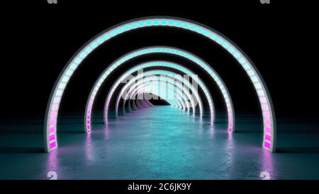 astratto sfondo minimo bianco incandescente linee cicliche tunnel luci al neon rendering 3d Foto Stock