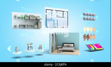 concetto moderno per creare rapidamente un costruttore di design di interni per il rendering 3d dell'immagine su gradiente blu Foto Stock