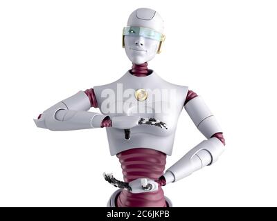 moderno concetto di presentazione del prodotto robot femminile pronto ad inserire un oggetto nella mano rendering 3d su bianco Foto Stock