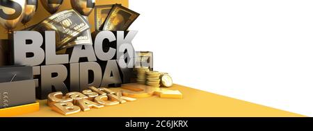 Black Friday Concept corner sfondo lettere grandi con palline dorate e immagine di rendering 3d Foto Stock