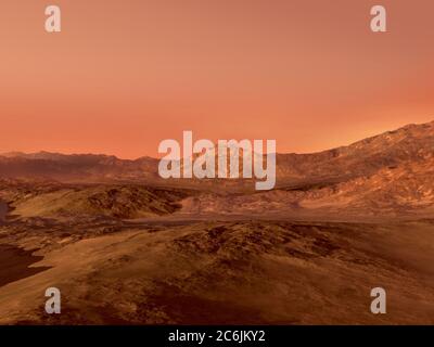 Rendering 3D del paesaggio Marte con un terreno roccioso rosso, per fantascienza o sfondi di esplorazione spaziale. Foto Stock