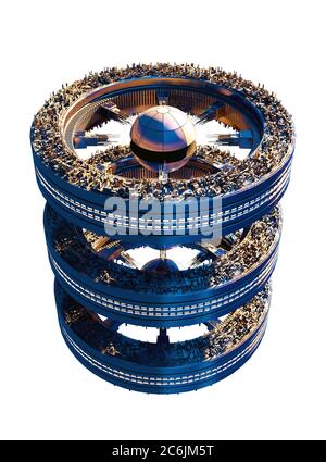 Stella futuristica 3D cielo-città su una struttura a tre ruote con il percorso di ritaglio incluso nell'illustrazione, per l'architettura fantascientifica o vi Foto Stock