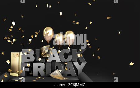 Black Friday concept sfondo lettere grandi con palline d'oro e resa 3d confetti Foto Stock
