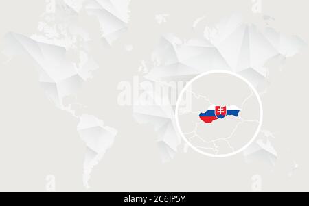 Mappa della Slovacchia con bandiera in contorno su mappa mondiale poligonale bianca. Illustrazione vettoriale. Illustrazione Vettoriale