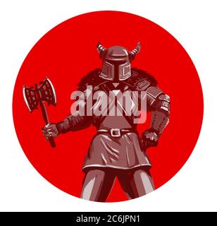 Silhouette vichinga con ascia e sfondo rosso circolare Foto Stock