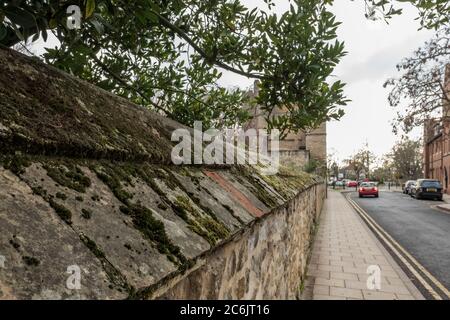 Fuoco superficiale di una parete medievale in pietra ricoperta di muschio. Adiacente a un marciapiede vuoto e a una strada cittadina con alcune carte in lontananza. Foto Stock