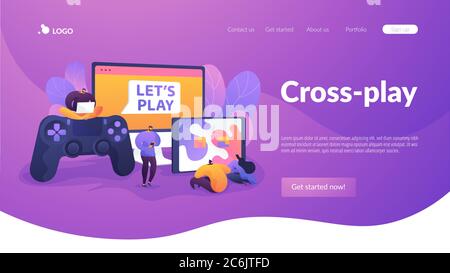 Modello di pagina di destinazione per il gioco multipiattaforma. Illustrazione Vettoriale