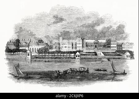 Una vecchia incisione del Royal Hospital, Chelsea, Londra, Inghilterra, Regno Unito dal fiume Tamigi c. 1700. È una casa di riposo e di cura per i veterani dell'esercito britannico. Fondata come una casa d'almshouse (vecchia parola per 'ospedale') Re Carlo II la fondò nel 1682. Il sito per il Royal Hospital era un edificio incompleto 'Chelsey College'. Christopher Wren ha progettato le estensioni a aggiungendo due quadrangle supplementari ad est e ad ovest della corte centrale. Ha aperto nel 1692. Foto Stock