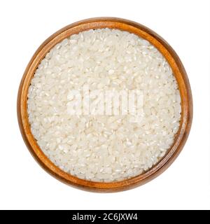 Riso bianco a grani corti in ciotola di legno. Semi dell'erba Oryza sativa, conosciuto anche come riso asiatico. Cereali e cibo di base. Foto Stock