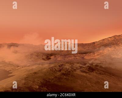 3D rendering Marte paesaggio con un terreno roccioso rosso coperto di nebbia, per fantascienza o sfondi di esplorazione spaziale. Foto Stock