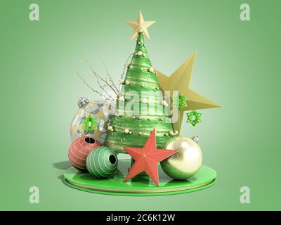 Nuovo anno verde decorativo albero di Natale rendering 3d su gradiente verde Foto Stock