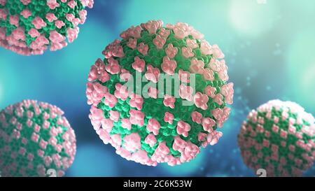 Vista microscopica del coronavirus cellule del virus influenzali fluttuanti 3d sfondo di rendering Foto Stock