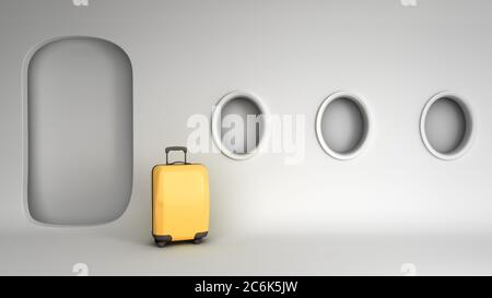 Semplice valigia gialla di concetto di viaggio in aereo in una cabina di aeroplano minimalistica immagine di rendering 3d Foto Stock