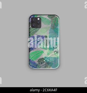 Design elegante di custodie per smartphone motivo verde e blu con foglie tropicali. Custodia per smartphone. Elegante custodia alla moda Illustrazione Vettoriale
