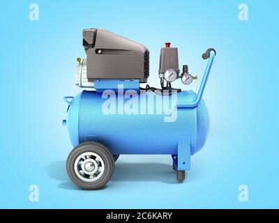 Rendering 3d moderno Blue Air Compressor su sfondo blu a gradiente Foto Stock