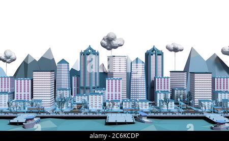 giocattolo giallo basso poly city 3d rendering su bianco Foto Stock