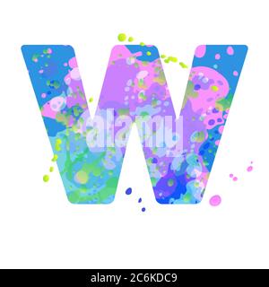 Lettera W in grassetto con effetto di macchie liquide di vernice nei colori blu, verde, rosa Illustrazione Vettoriale