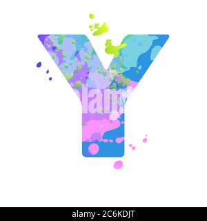 Lettera Y in grassetto con effetto di macchie liquide di vernice nei colori blu, verde, rosa Illustrazione Vettoriale