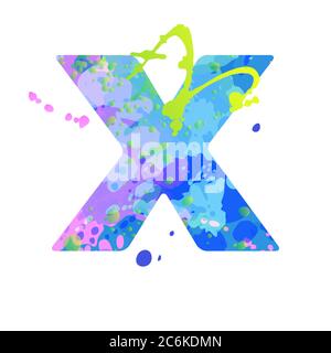 Lettera X in grassetto con effetto di macchie liquide di vernice nei colori blu, verde, rosa Illustrazione Vettoriale