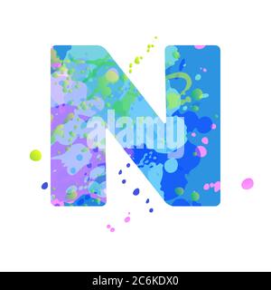 Lettera N in grassetto con effetto di macchie liquide di vernice nei colori blu, verde, rosa Illustrazione Vettoriale