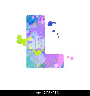L in grassetto con effetto di macchie liquide di vernice nei colori blu, verde, rosa Illustrazione Vettoriale