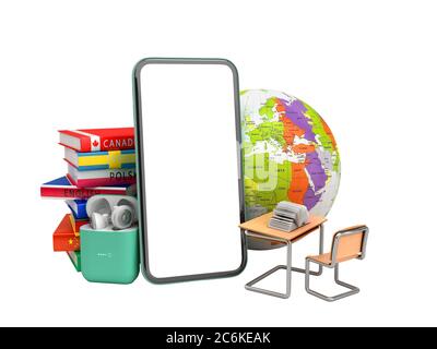 Concetto di autoapprendimento Presentazione dell'applicazione per l'apprendimento delle lingue straniere smartphone con schermo vuoto cuffie e libri rendering 3d su wh Foto Stock